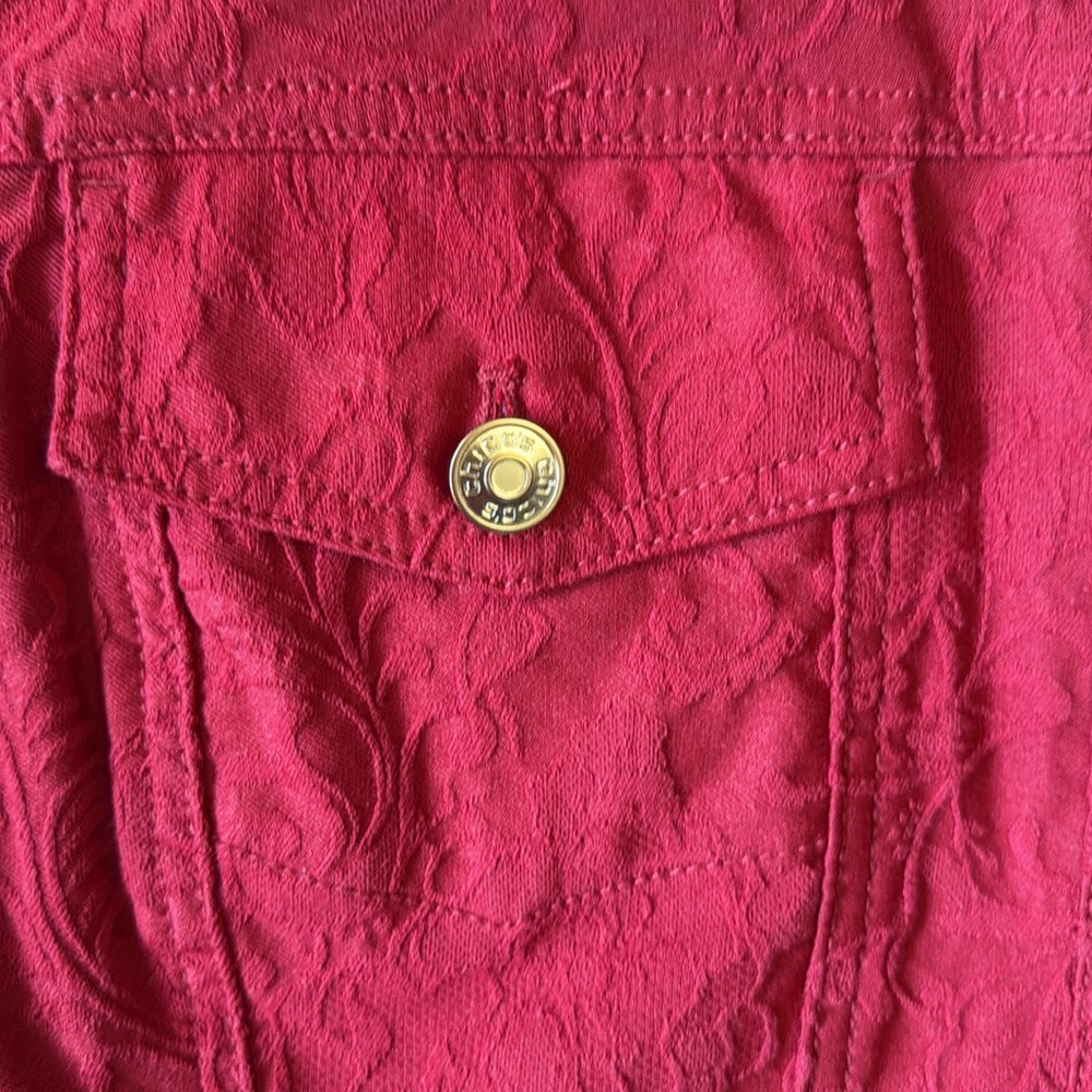 Chicos Red Jacquard Button Front Jacket Coat Layering Cotton Blend Size 3/XL - Picture 8 of 13
